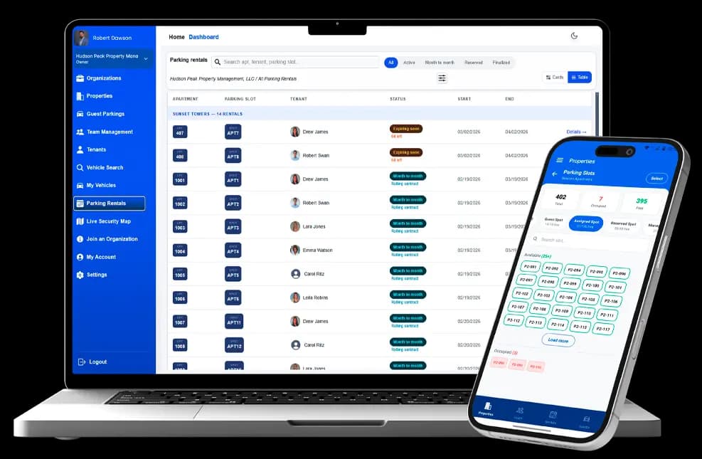 All-in-One Residential Parking Management System dashboard and mobile app mockup. Features for Property Managers and HOAs include Organization setup, Tenant management, Vehicle search, Live Security Map, and Guest Parking coordination.