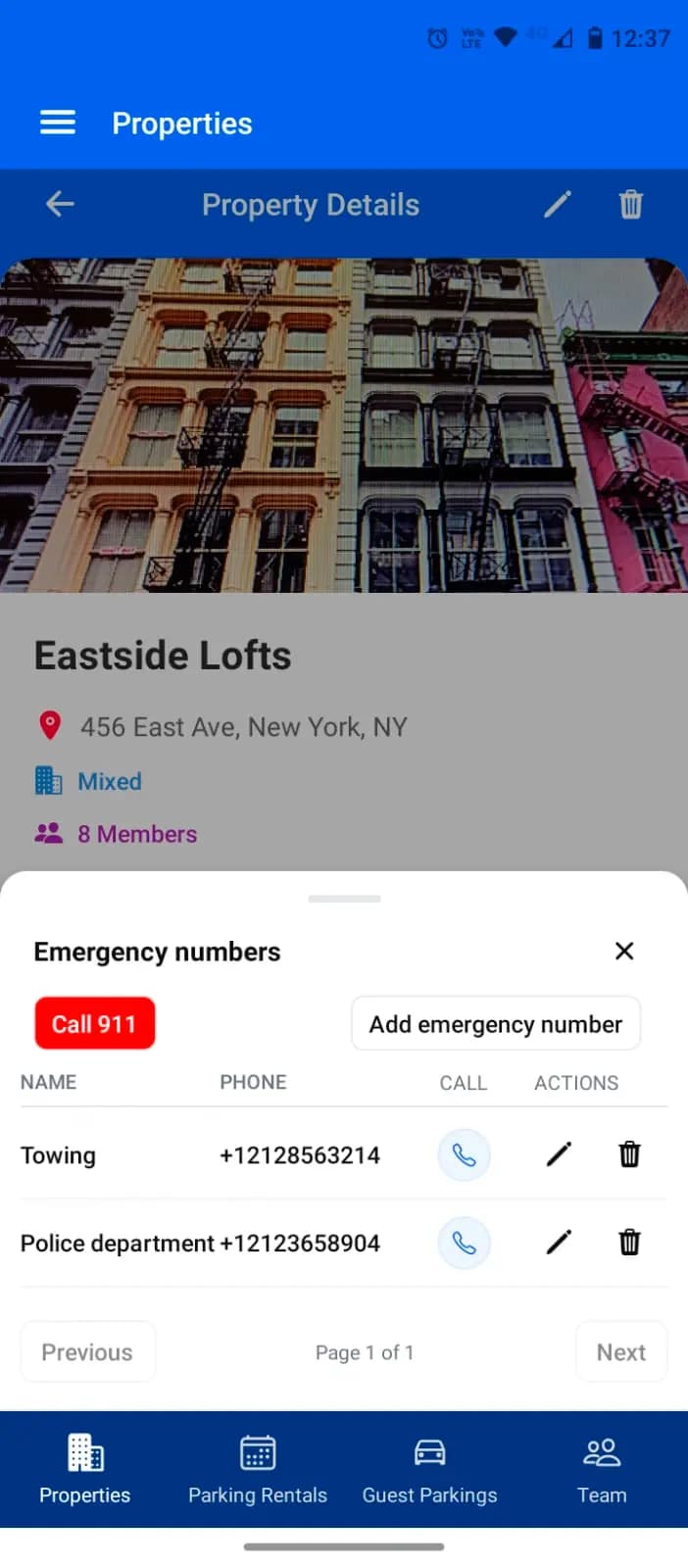 Mobile interface of ParkEase parking management app showing the instant issue resolution feature to report unauthorized vehicles and call towing services directly from the app.