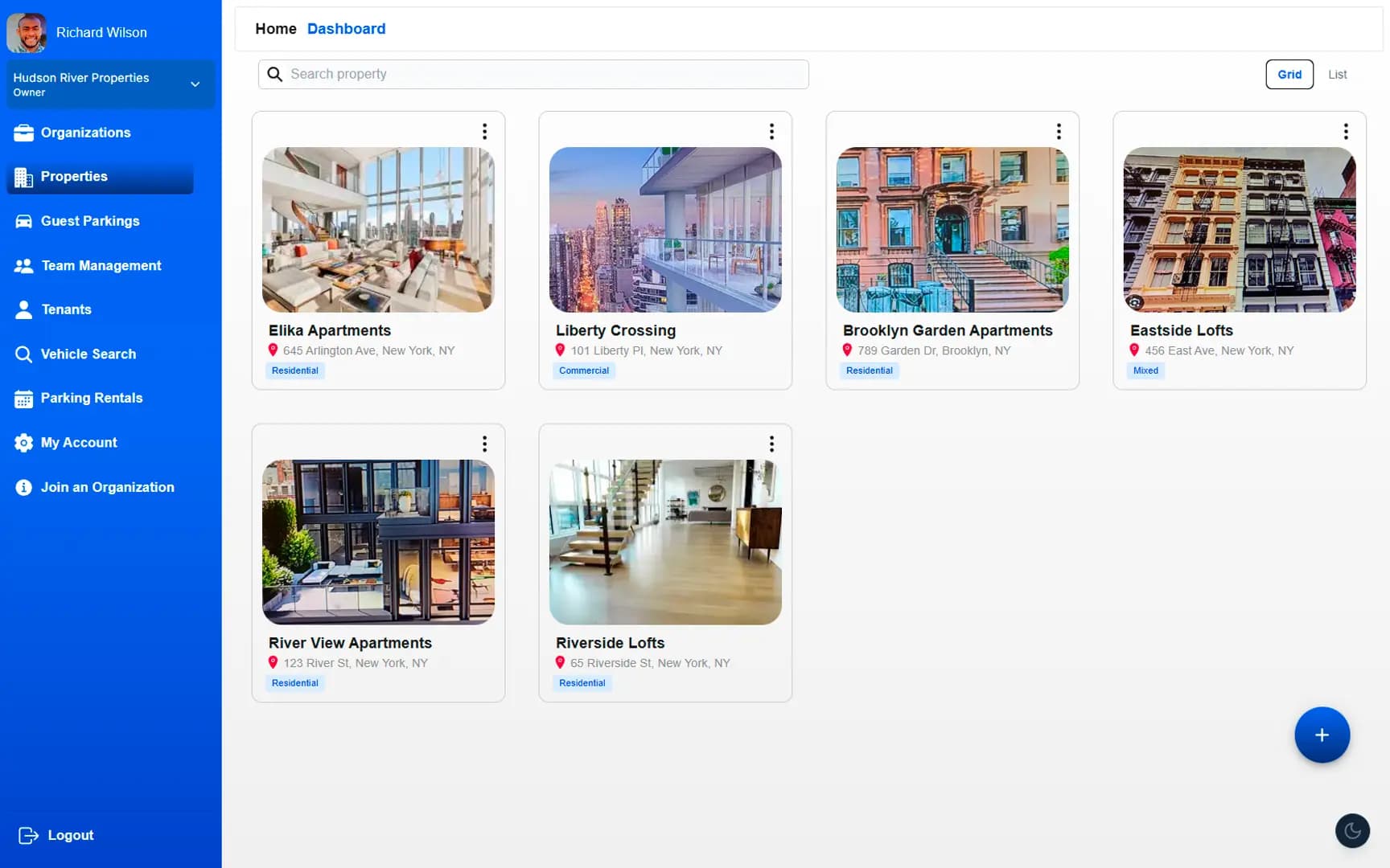 Scalable portfolio control interface in the ParkEase parking management app web dashboard for managing multiple luxury properties and centralized parking inventory.