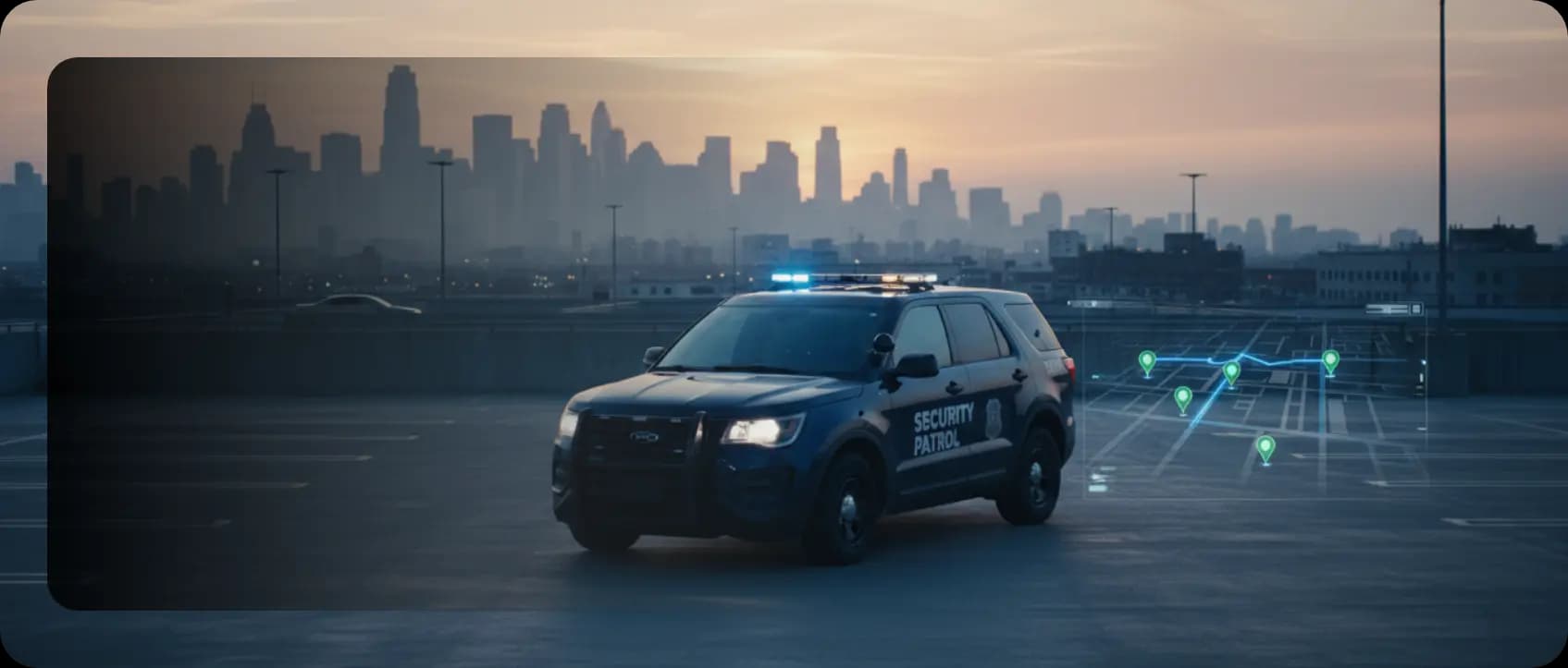 Security patrol vehicle in a luxury complex using ParkEase parking management app for real-time GPS tracking and geolocation to monitor security team routes.