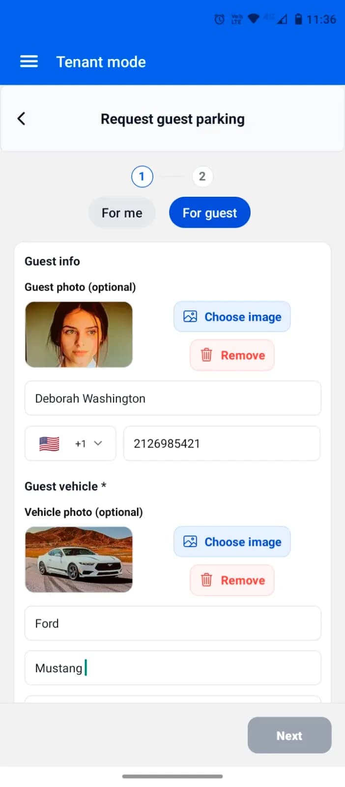 Mobile UI of ParkEase parking management software showing the easy guest registration process where tenants can add vehicle details and photos for quick parking permits.