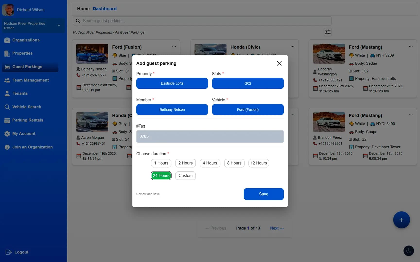 Administrative web dashboard of ParkEase parking management software showing the Easy Parking Slot Management interface for staff to assign guest spots and avoid parking conflicts.
