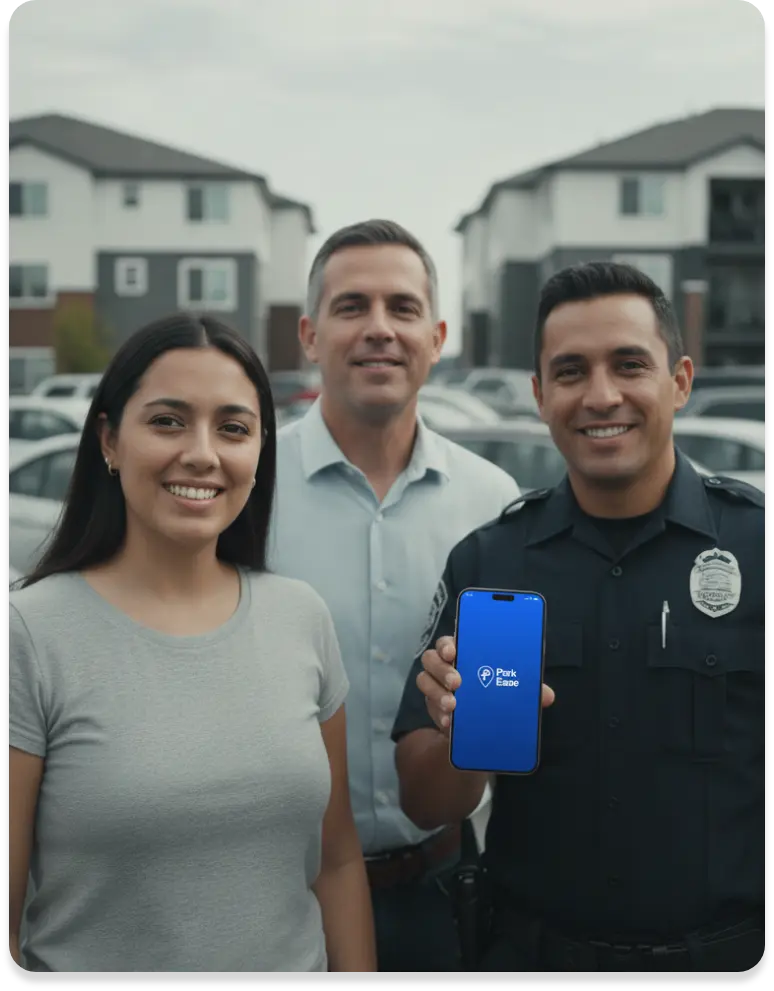 Property manager, resident, and security officer smiling together while holding a smartphone with the ParkEase parking management app in a residential complex.