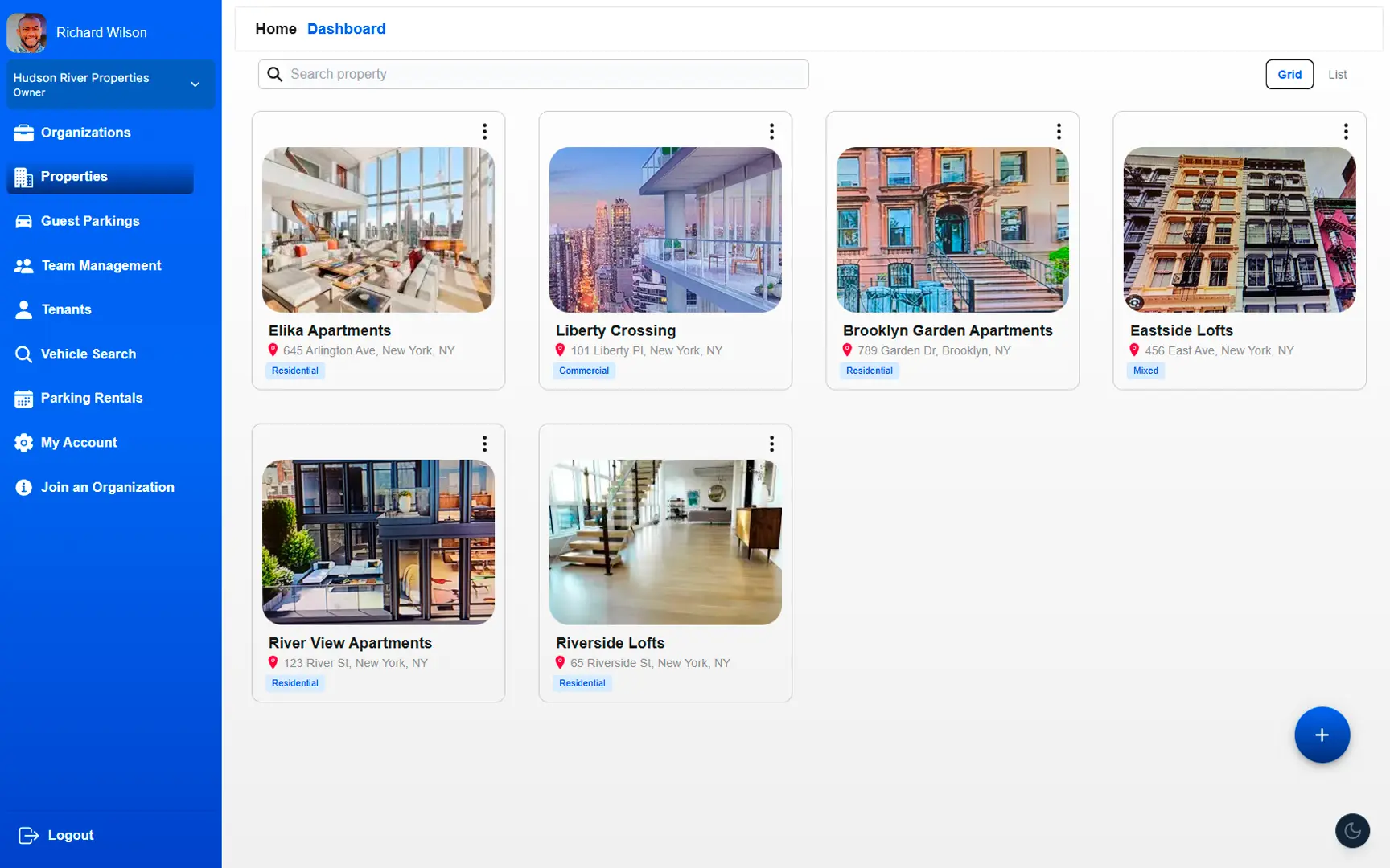 Scalable portfolio control interface in the ParkEase parking management app web dashboard for managing multiple luxury properties and centralized parking inventory.