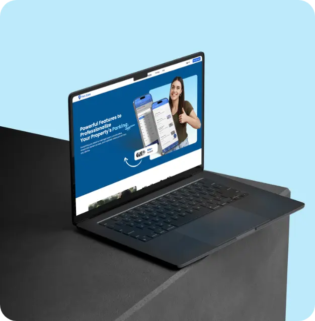 Laptop display of ParkEase parking management app trial page explaining property verification and uninterrupted service for new residential complex accounts.