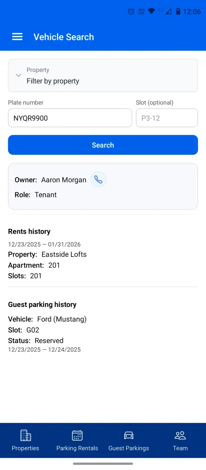 Mobile interface of ParkEase parking management app showing the license plate search tool used by security to instantly verify vehicle owner, tenant history, and guest parking status.