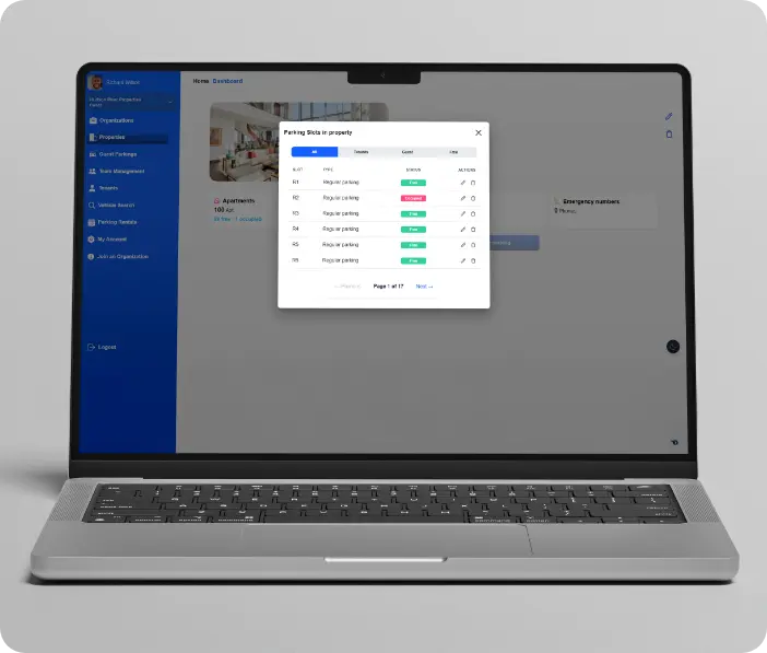 Centralized web dashboard of the ParkEase parking management software showing the tenant database and property slot inventory for high-end building administration.